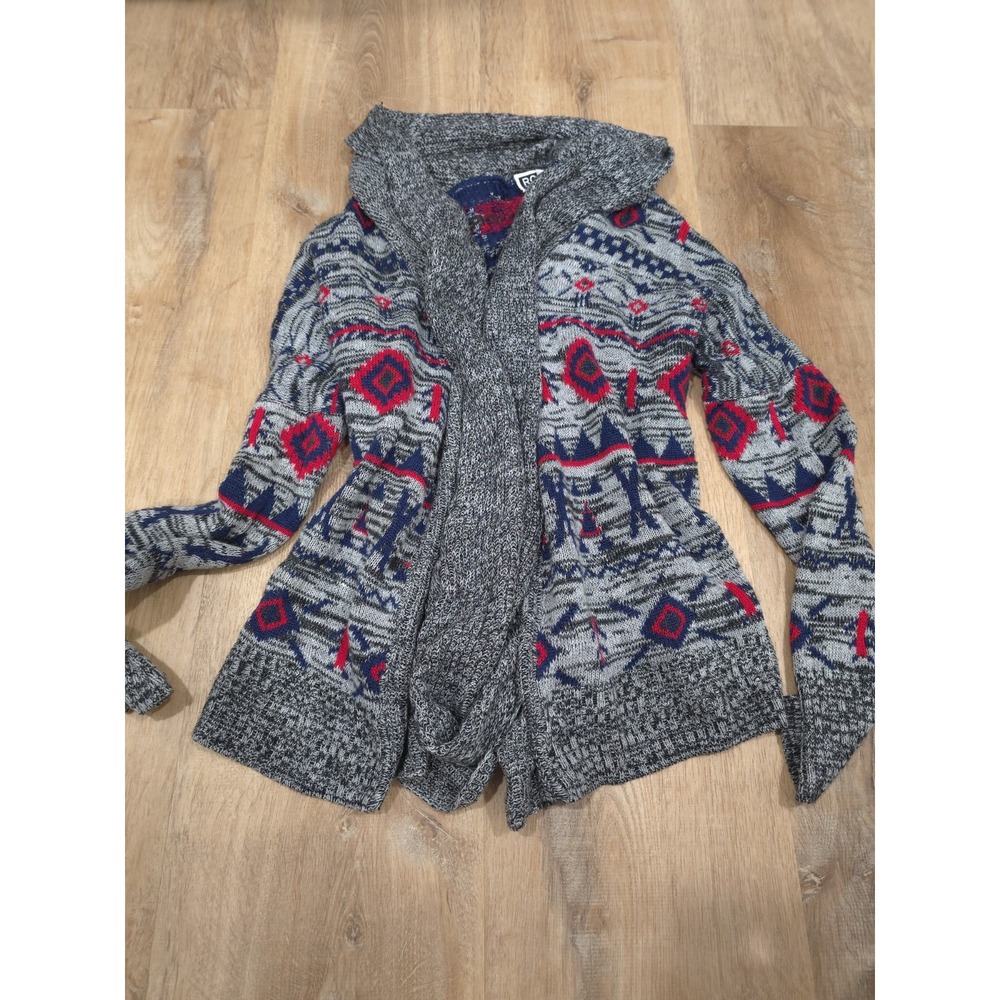 ROXY Women's Aztec Geometric Fair Isle Hooded Open Cardigan Sweater Knit Gray...